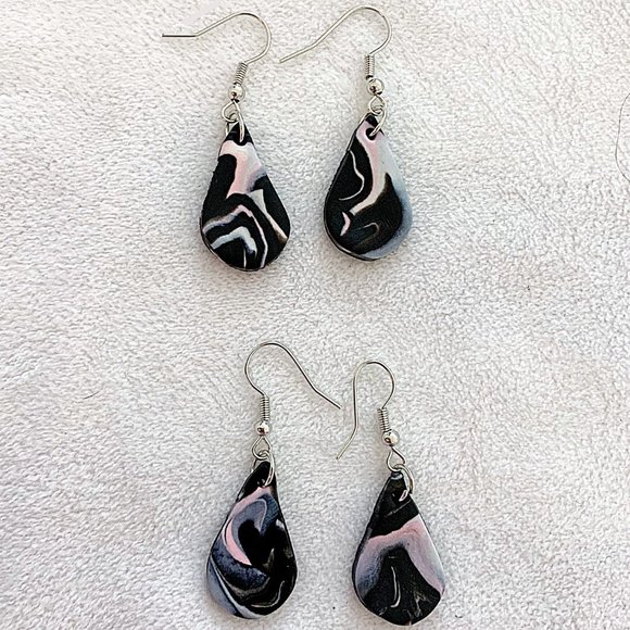 Marbled Water-Drop Polymer Clay Dangle Drop Earrings - Picture 4 of 6